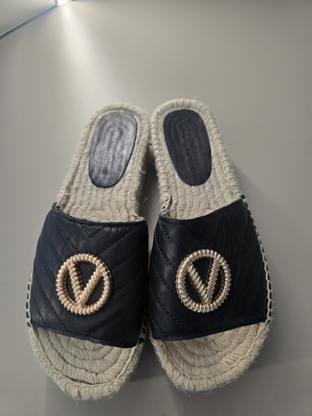 Valentino Black Quilted Espadrille Slide with Gold V Emblem